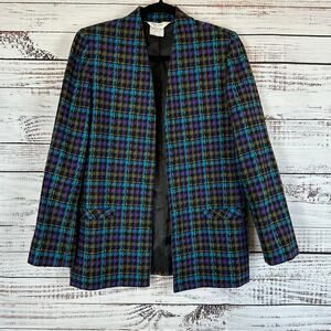 Womens VTG TanJay Wool Black Purple Herringbone Open Front Blazer Jacket USA 8